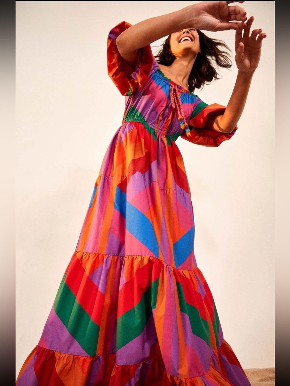 FARM Rio Amanda Stripe Puff Sleeve & Off-Shoulder Flowy Multi-Color Maxi Dress